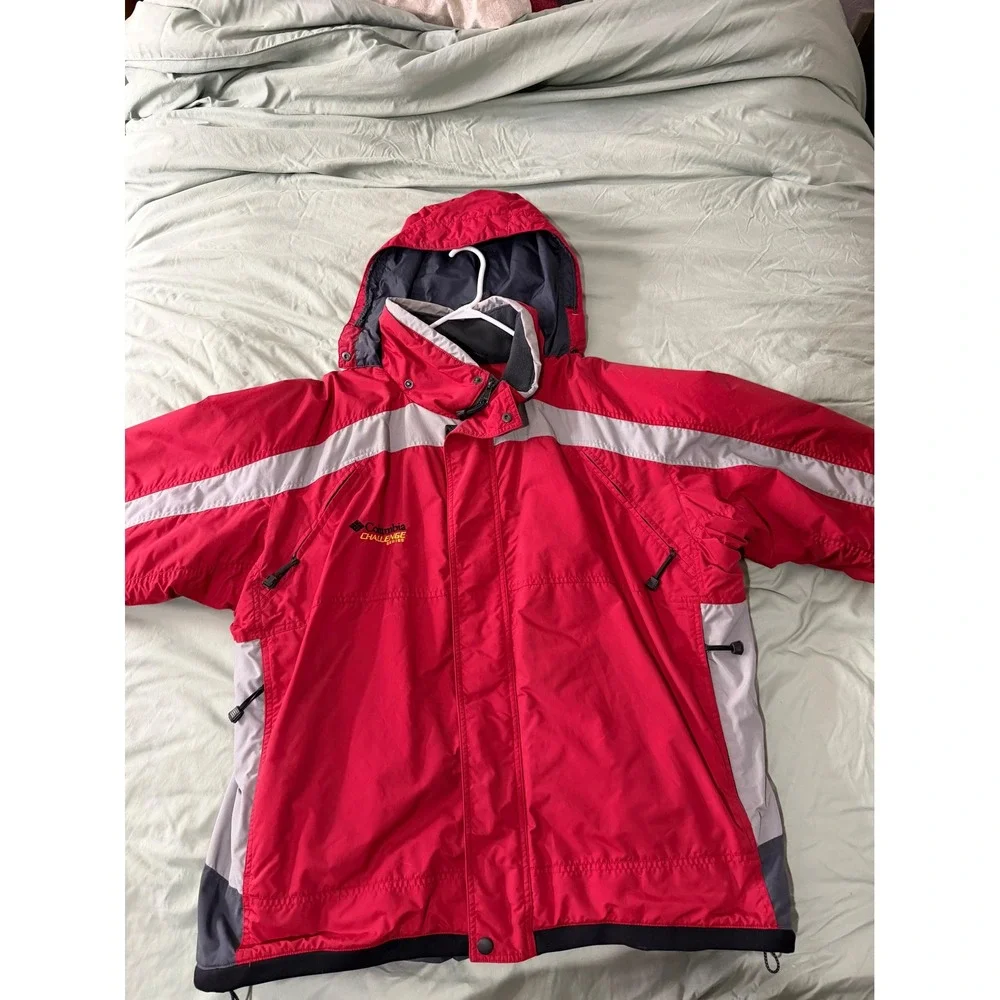 Columbia Challenge Series Ski Jacket Mens 2XT Red Grey Hooded Waterproof Coat